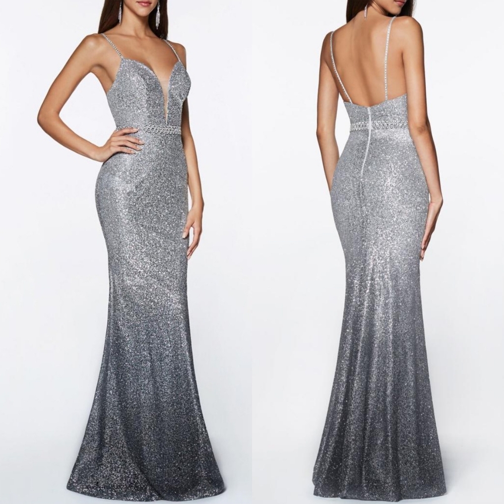 Cinderella Divine CJ509 Sleeveless Silver Ombre Sequin Maxi Mermaid Prom Gown 2